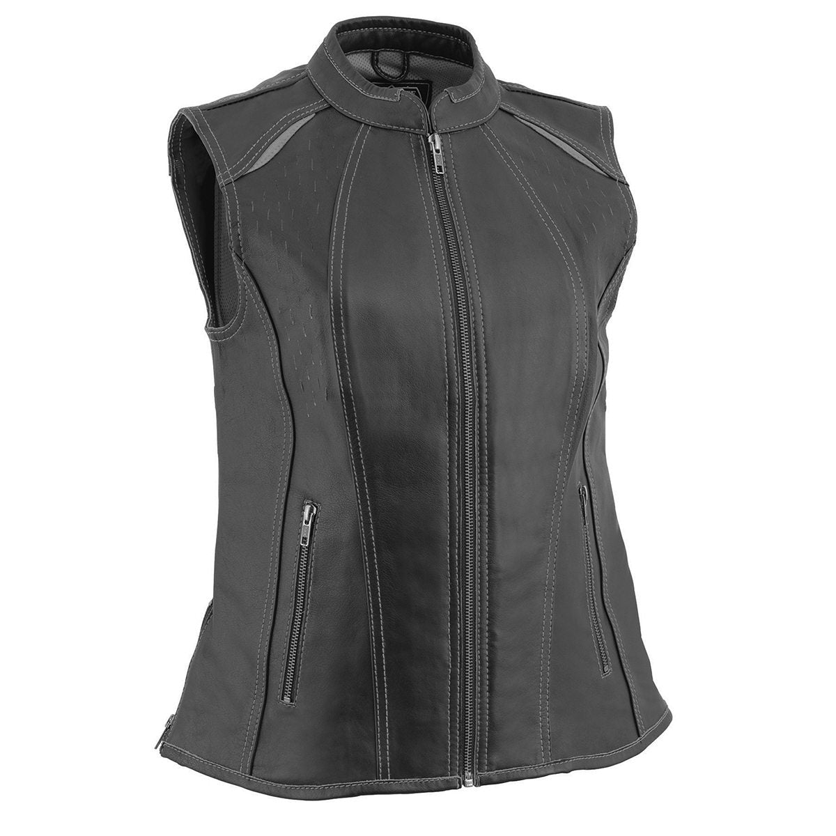 MLL4507 Women's Black Leather Grey Accented Laser Cut Vented Scuba Style Motorcycle Rider Vest