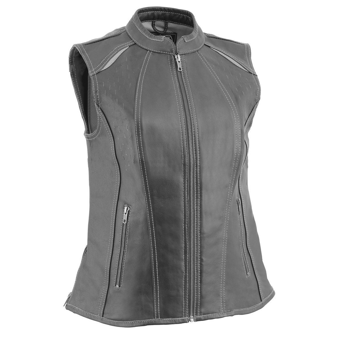 MLL4507 Women's Black Leather Grey Accented Laser Cut Vented Scuba Style Motorcycle Rider Vest