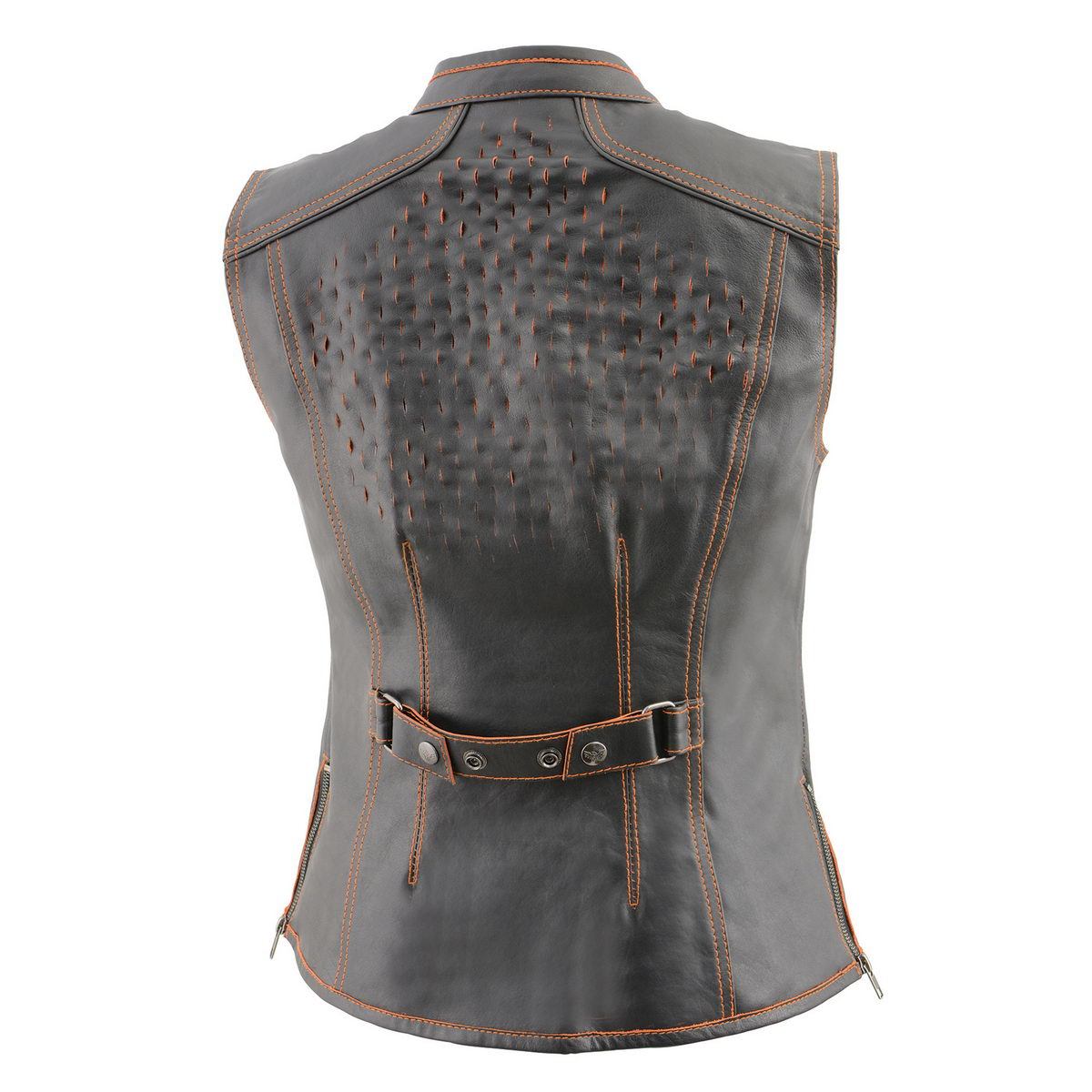 MLL4507 Women's Black Leather Orange Accented Laser Cut Vented Scuba Style Motorcycle Rider Vest