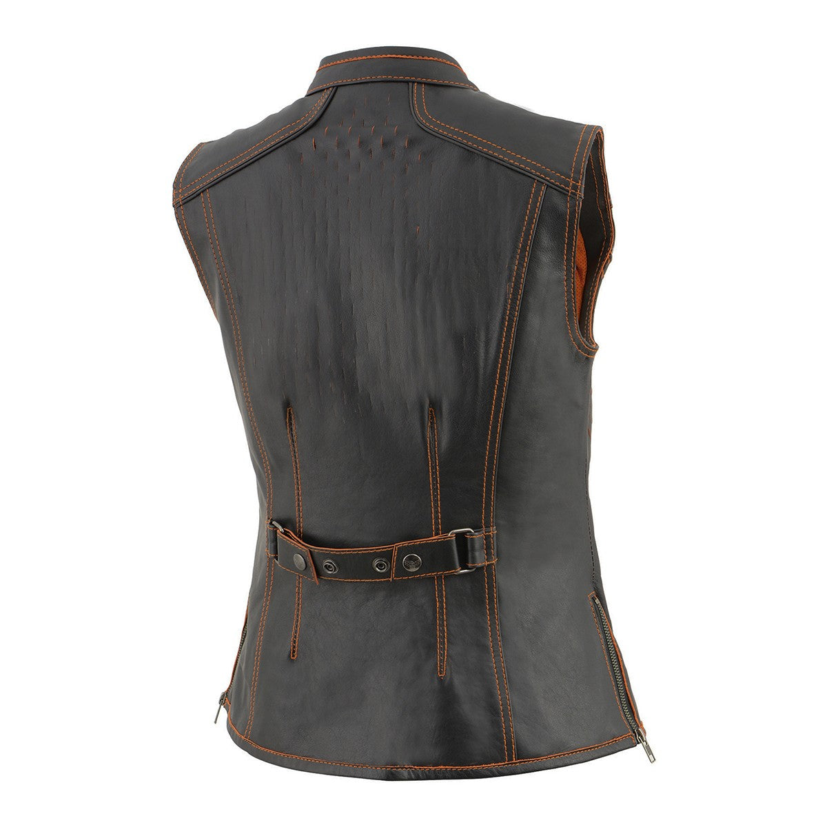 MLL4507 Women's Black Leather Orange Accented Laser Cut Vented Scuba Style Motorcycle Rider Vest