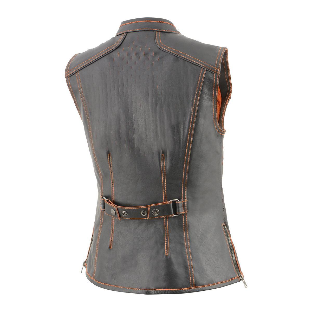 MLL4507 Women's Black Leather Orange Accented Laser Cut Vented Scuba Style Motorcycle Rider Vest