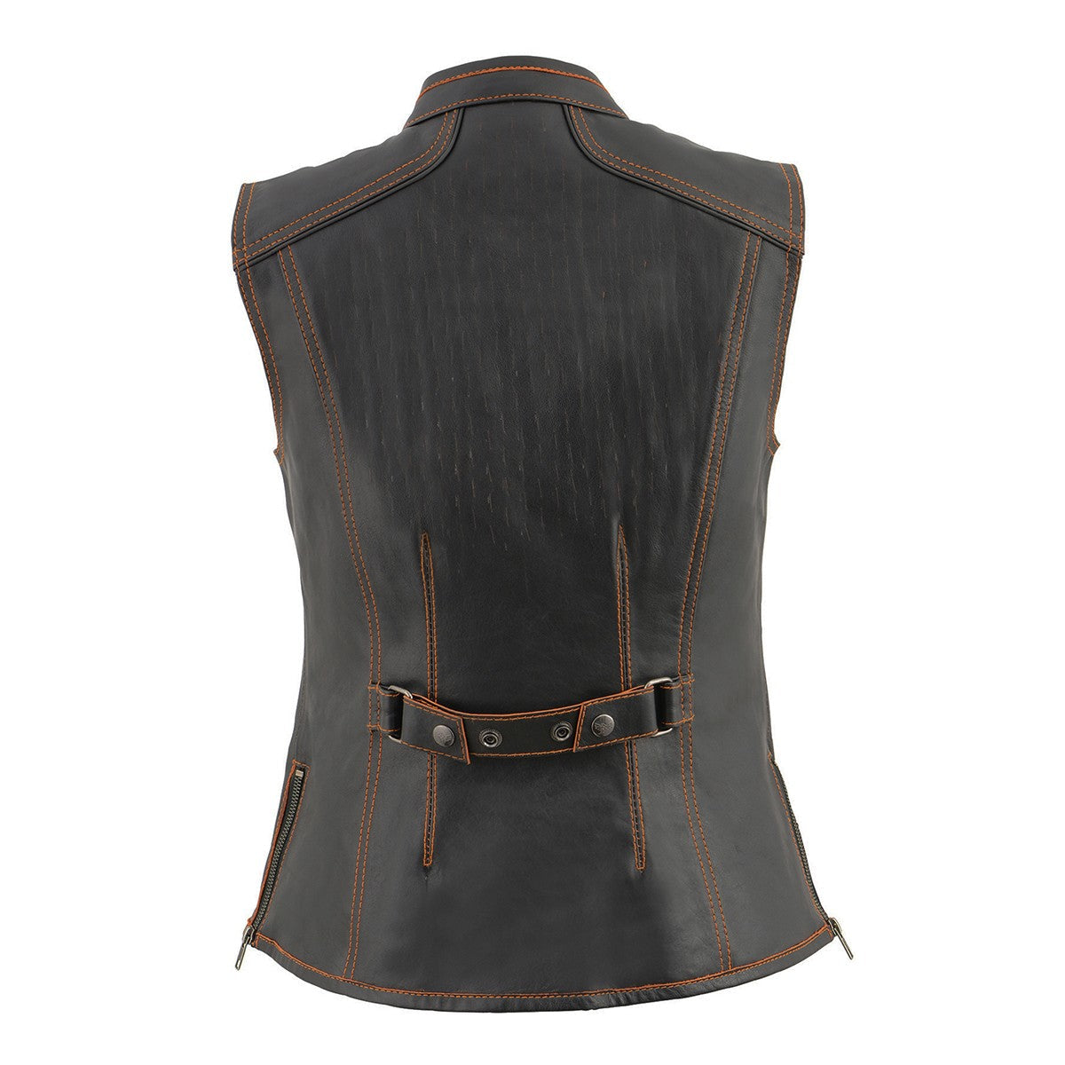 MLL4507 Women's Black Leather Orange Accented Laser Cut Vented Scuba Style Motorcycle Rider Vest