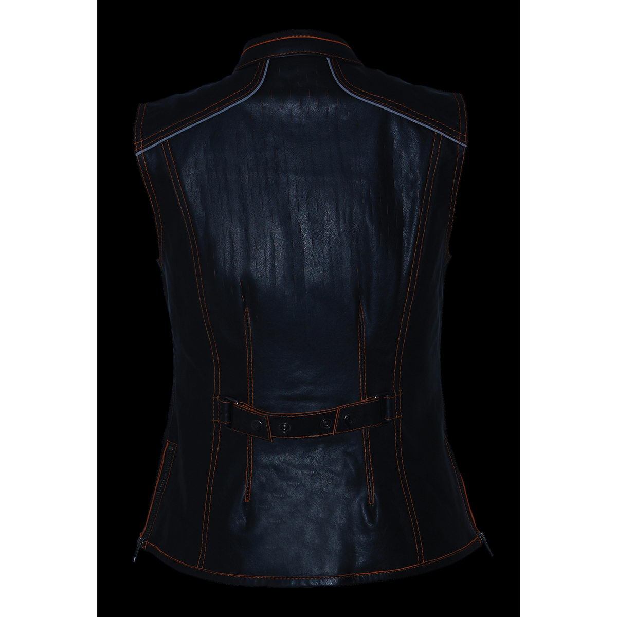 MLL4507 Women's Black Leather Grey Accented Laser Cut Vented Scuba Style Motorcycle Rider Vest