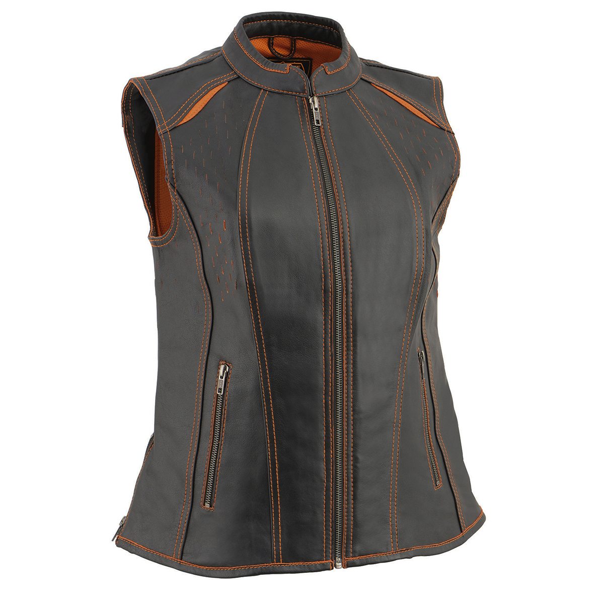 MLL4507 Women's Black Leather Orange Accented Laser Cut Vented Scuba Style Motorcycle Rider Vest