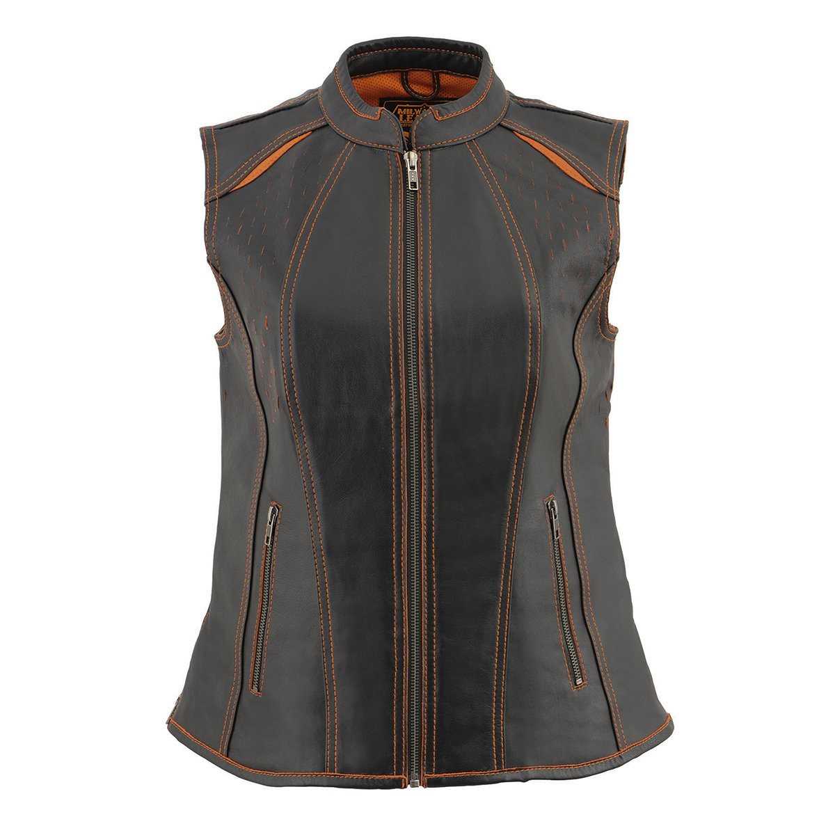MLL4507 Women's Black Leather Orange Accented Laser Cut Vented Scuba Style Motorcycle Rider Vest