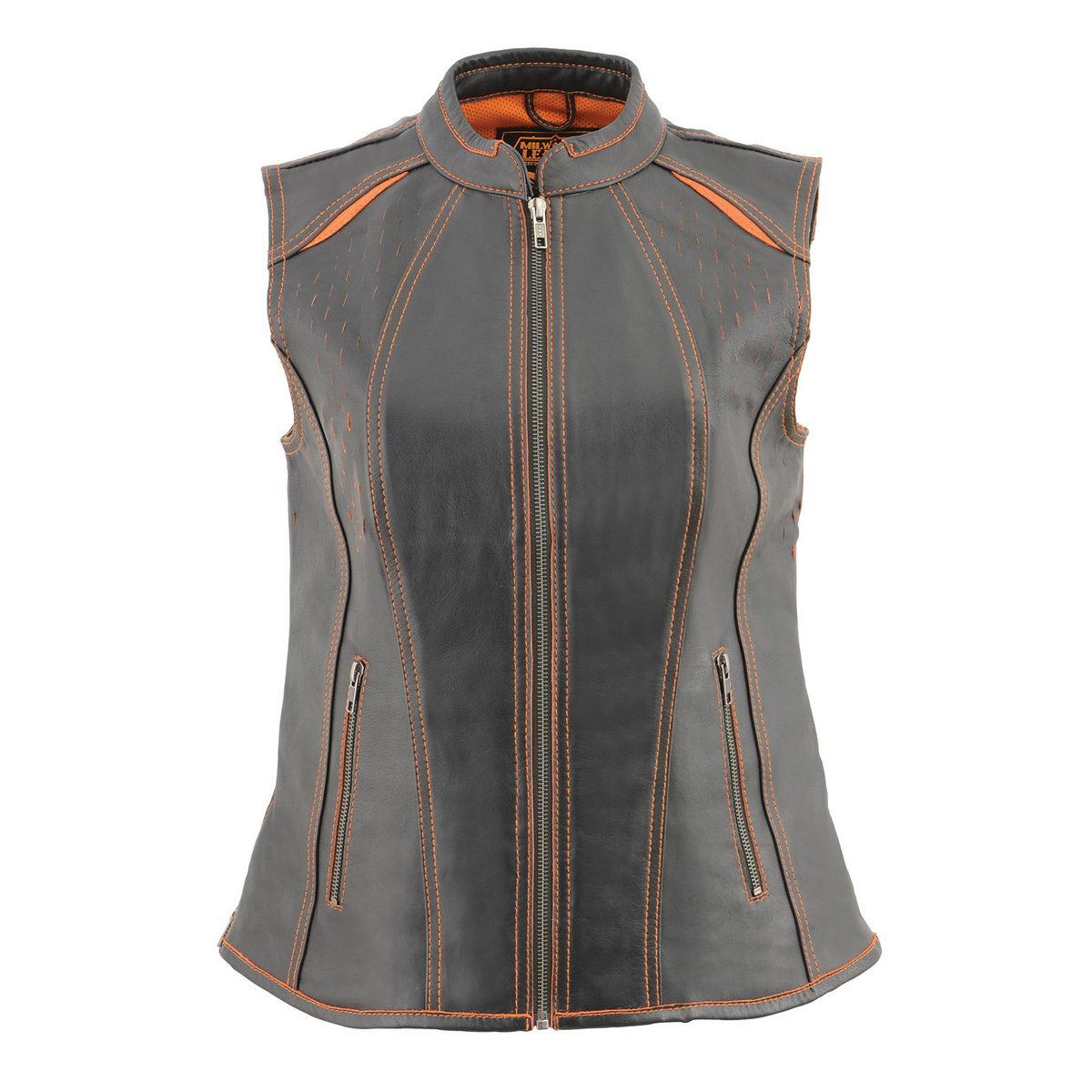 MLL4507 Women's Black Leather Orange Accented Laser Cut Vented Scuba Style Motorcycle Rider Vest