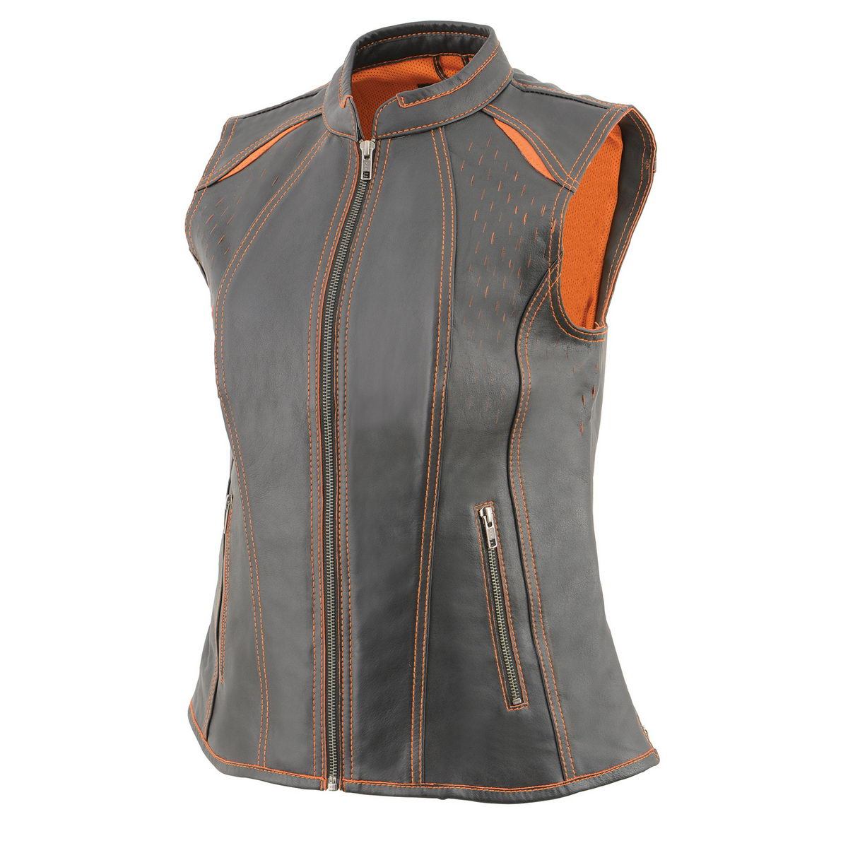 MLL4507 Women's Black Leather Orange Accented Laser Cut Vented Scuba Style Motorcycle Rider Vest