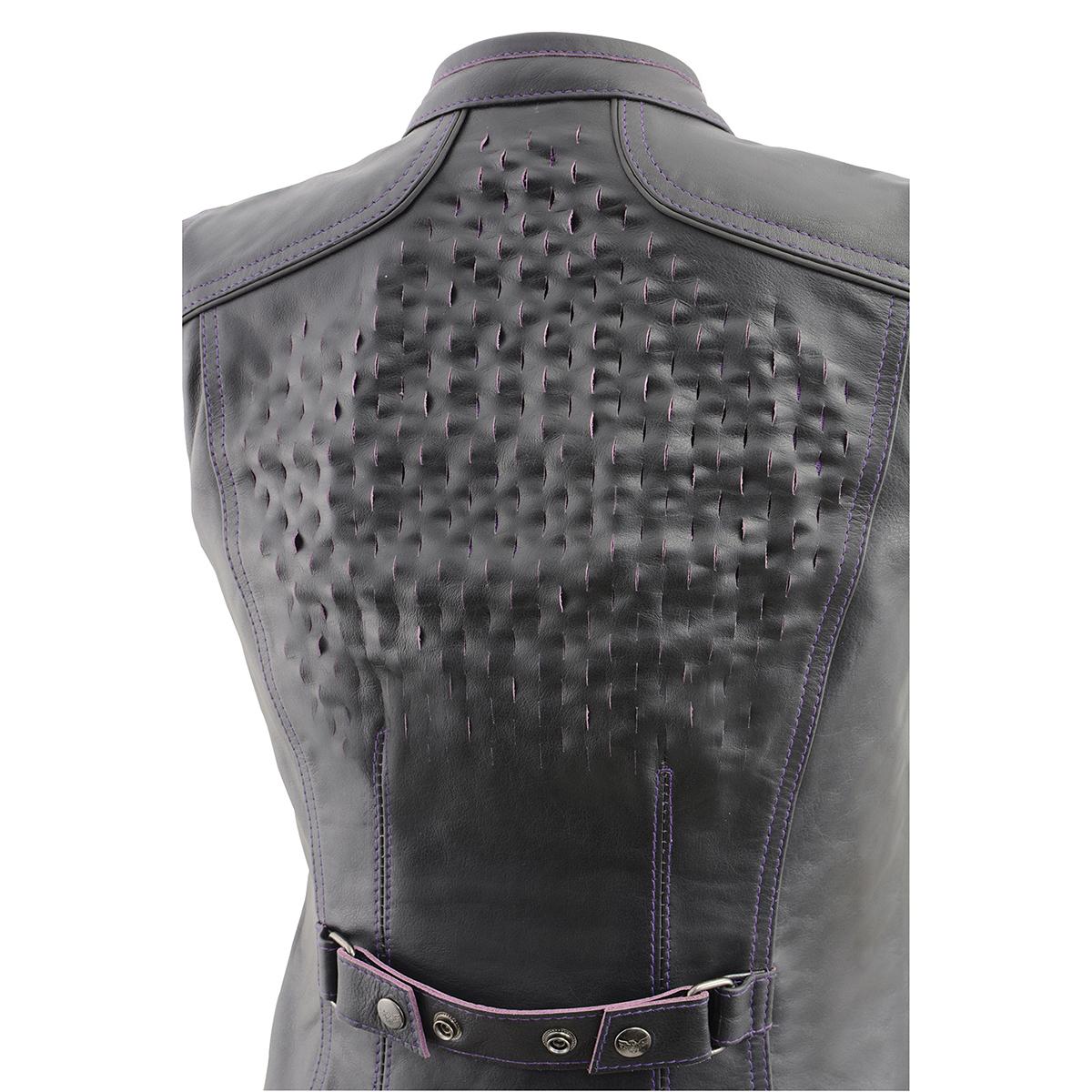 MLL4507 Women's Black Leather Purple Accented Laser Cut Vented Scuba Style Motorcycle Rider Vest