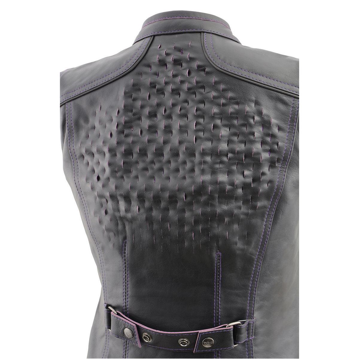 MLL4507 Women's Black Leather Purple Accented Laser Cut Vented Scuba Style Motorcycle Rider Vest