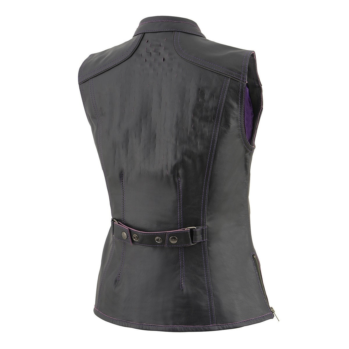 MLL4507 Women's Black Leather Purple Accented Laser Cut Vented Scuba Style Motorcycle Rider Vest