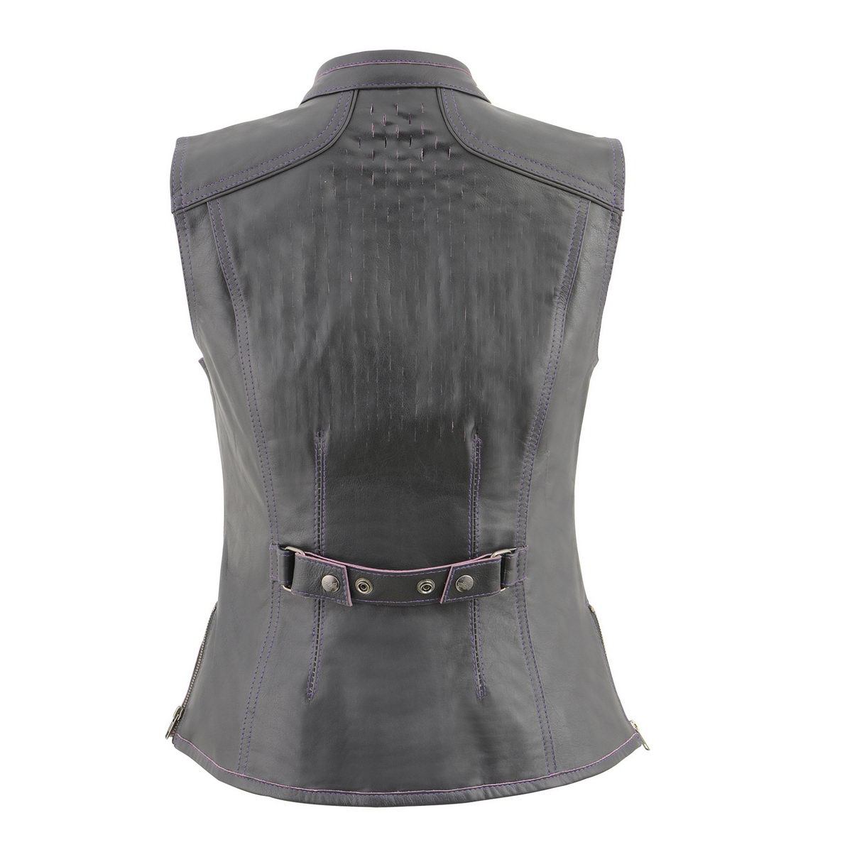 MLL4507 Women's Black Leather Purple Accented Laser Cut Vented Scuba Style Motorcycle Rider Vest