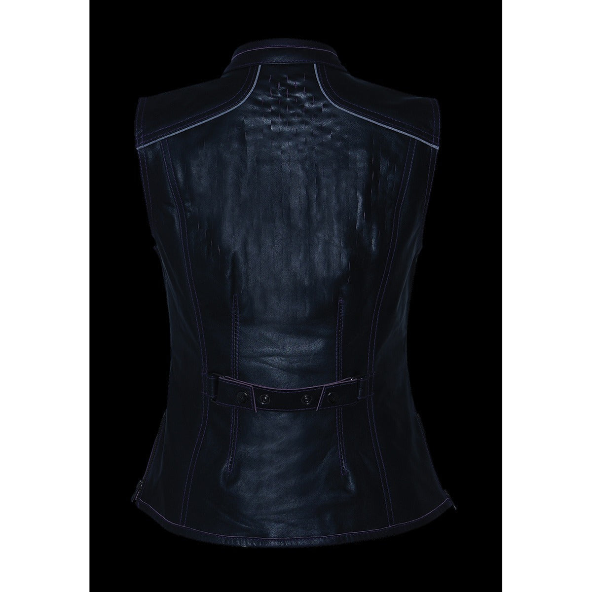 MLL4507 Women's Black Leather Purple Accented Laser Cut Vented Scuba Style Motorcycle Rider Vest