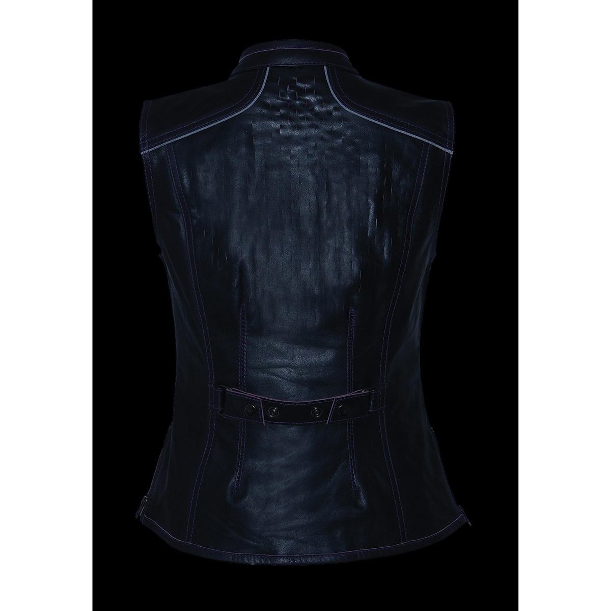 MLL4507 Women's Black Leather Purple Accented Laser Cut Vented Scuba Style Motorcycle Rider Vest
