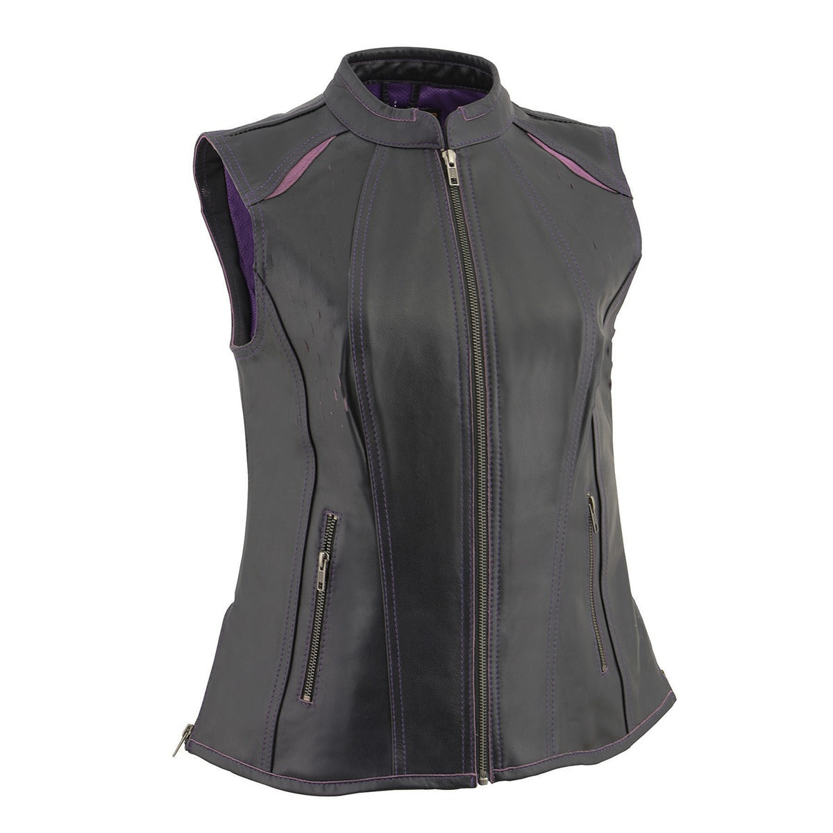 MLL4507 Women's Black Leather Purple Accented Laser Cut Vented Scuba Style Motorcycle Rider Vest