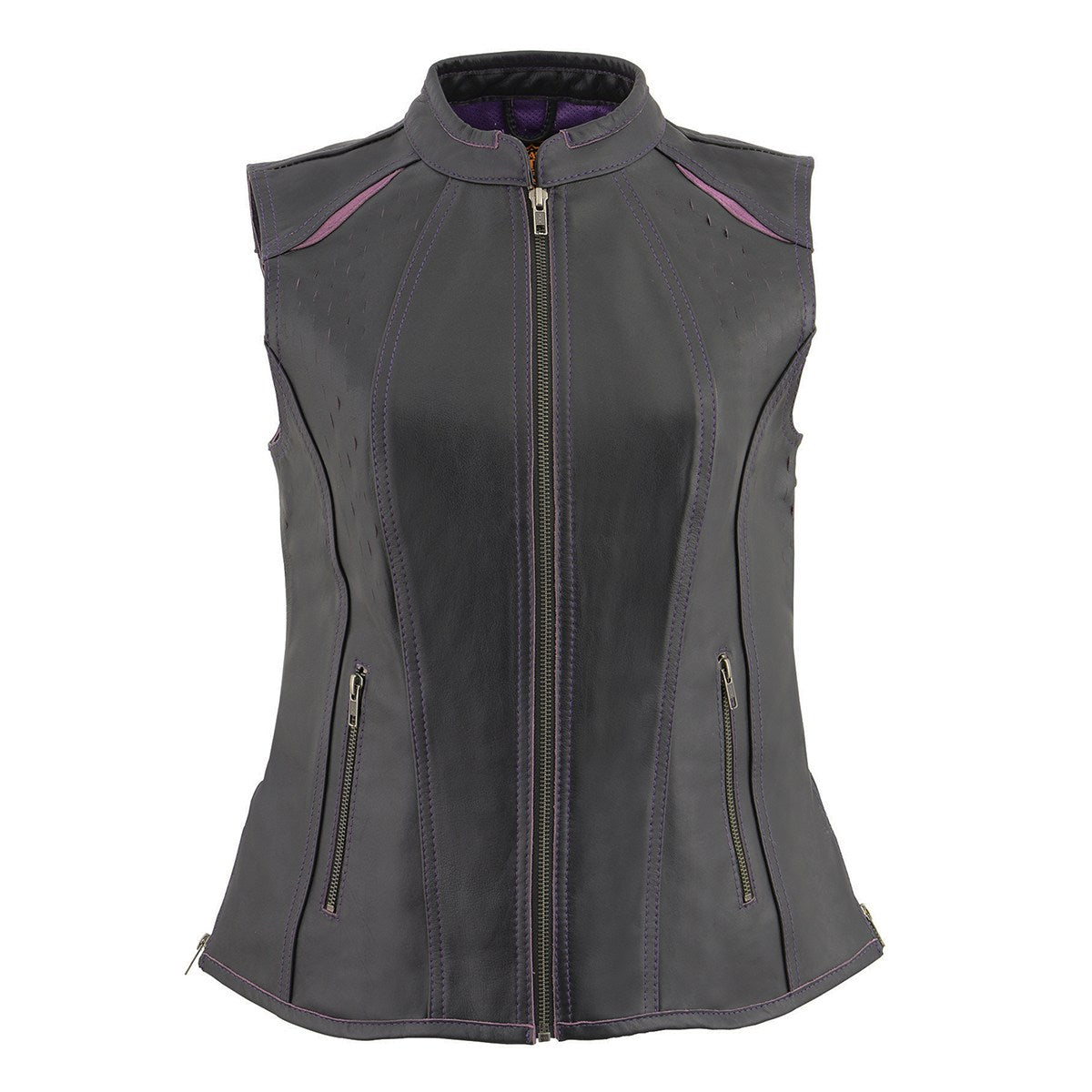 MLL4507 Women's Black Leather Purple Accented Laser Cut Vented Scuba Style Motorcycle Rider Vest