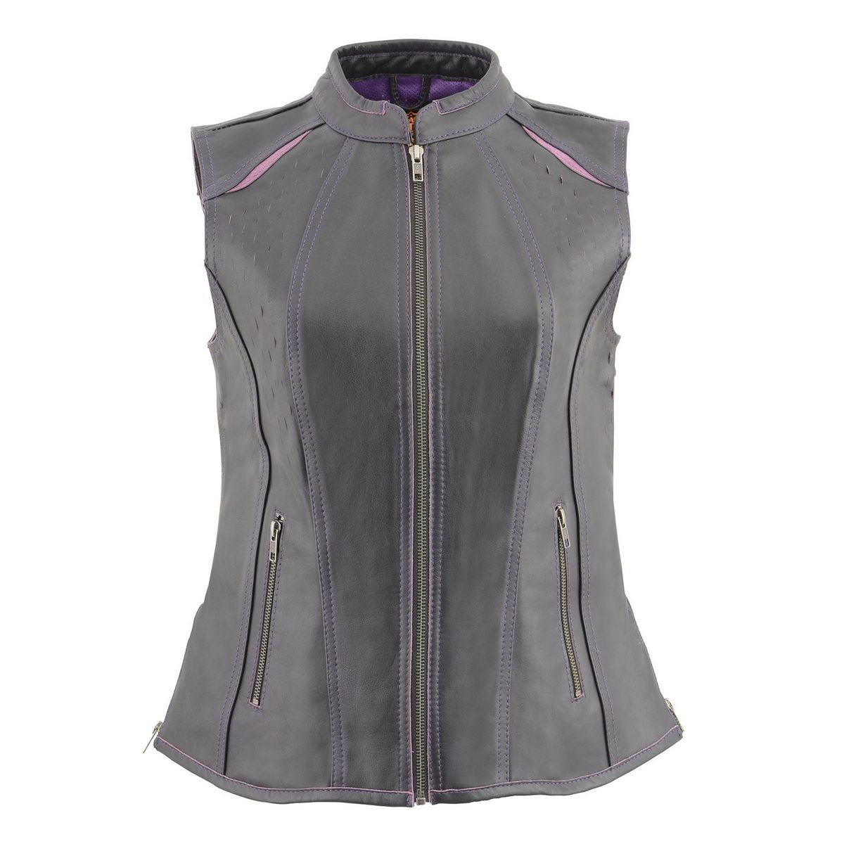 MLL4507 Women's Black Leather Purple Accented Laser Cut Vented Scuba Style Motorcycle Rider Vest