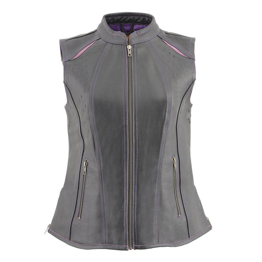 MLL4507 Women's Black Leather Purple Accented Laser Cut Vented Scuba Style Motorcycle Rider Vest