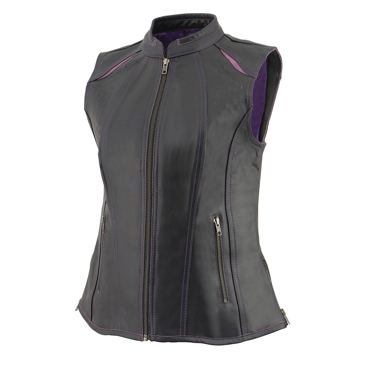 MLL4507 Women's Black Leather Purple Accented Laser Cut Vented Scuba Style Motorcycle Rider Vest