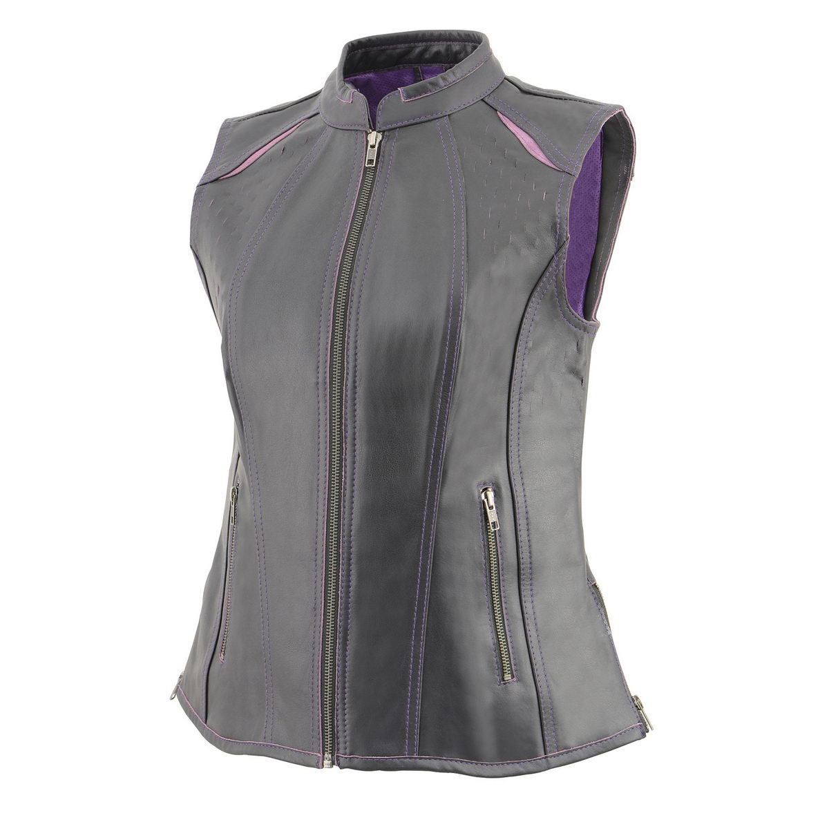 MLL4507 Women's Black Leather Purple Accented Laser Cut Vented Scuba Style Motorcycle Rider Vest