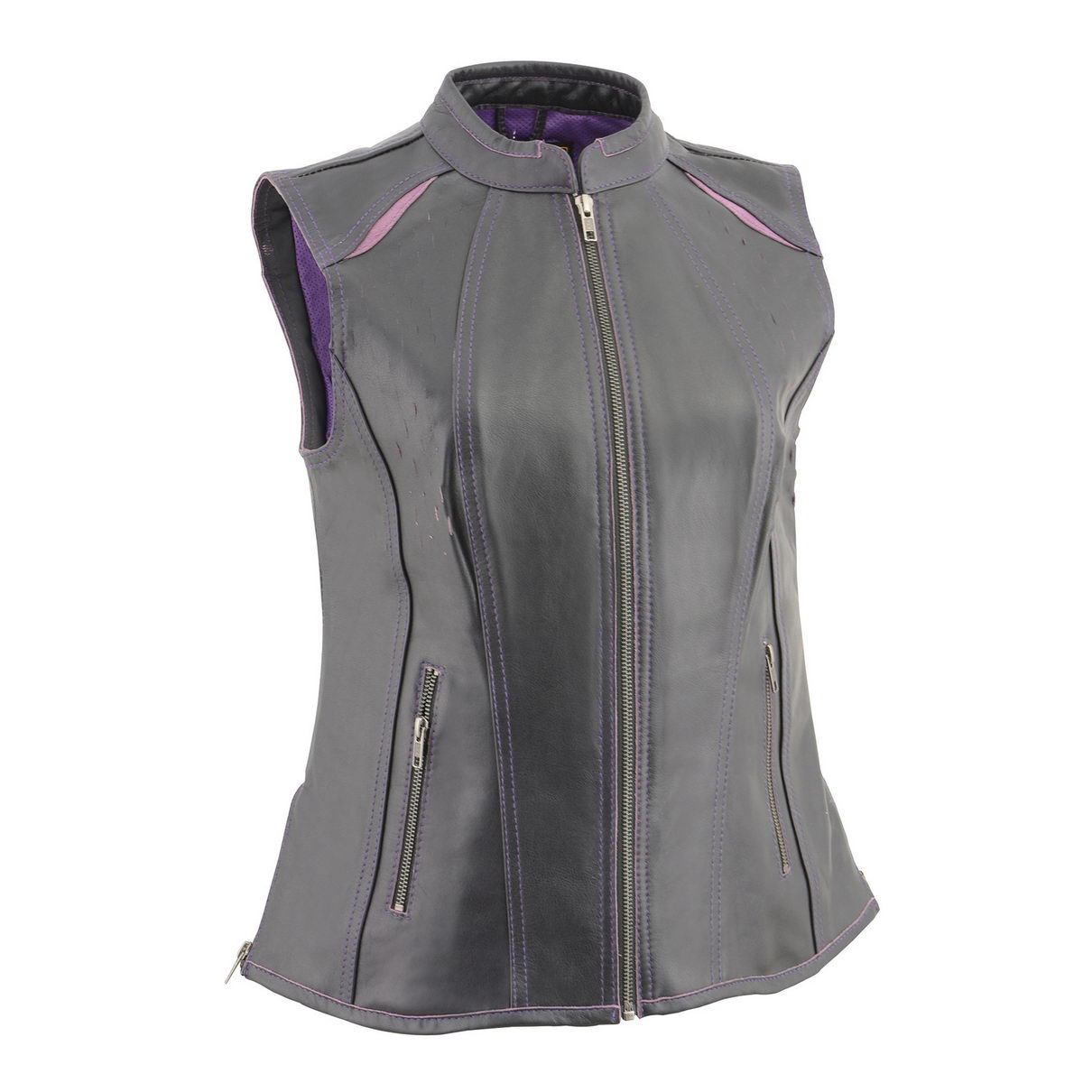 MLL4507 Women's Black Leather Purple Accented Laser Cut Vented Scuba Style Motorcycle Rider Vest