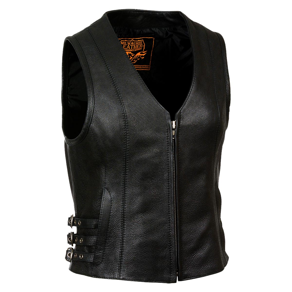 MLL4510 Women's Premium Black Leather Motorcycle Rider Vest w/ Adjustable Side Buckle