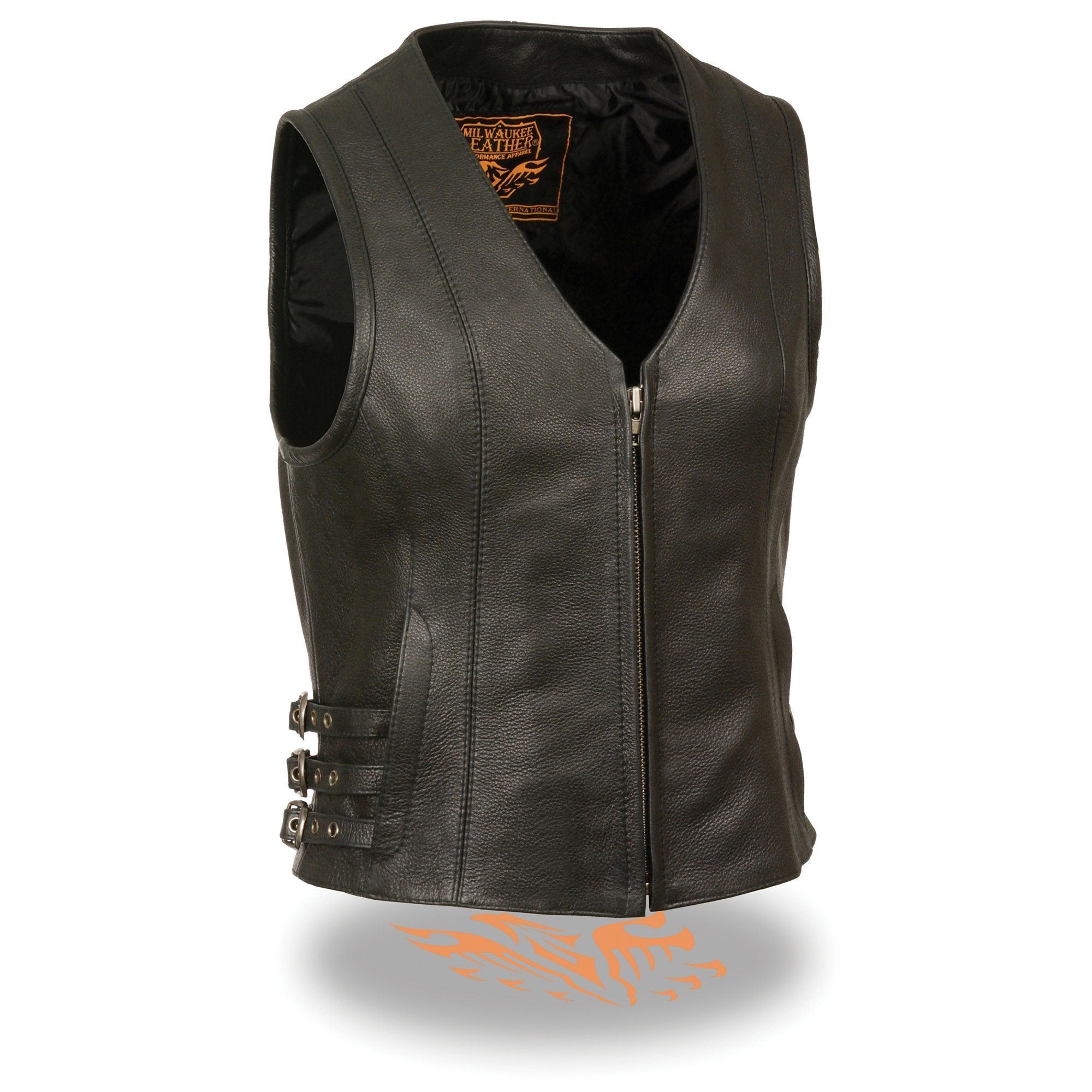 MLL4510 Women's Premium Black Leather Motorcycle Rider Vest w/ Adjustable Side Buckle
