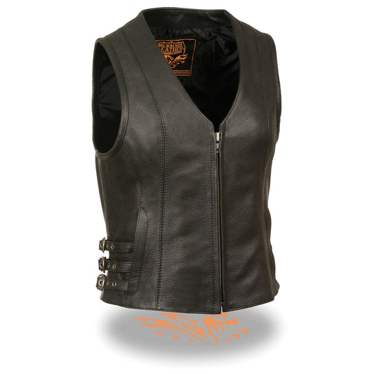 MLL4510 Women's Premium Black Leather Motorcycle Rider Vest w/ Adjustable Side Buckle