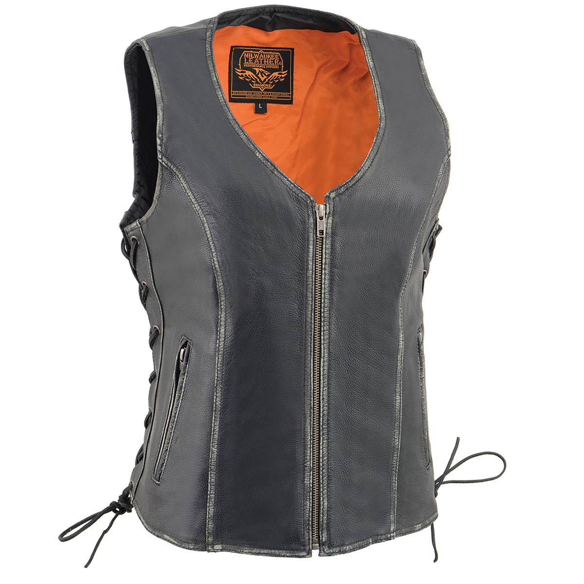 MLL4517 Women's Black Leather Vest with Front Zipper Closure