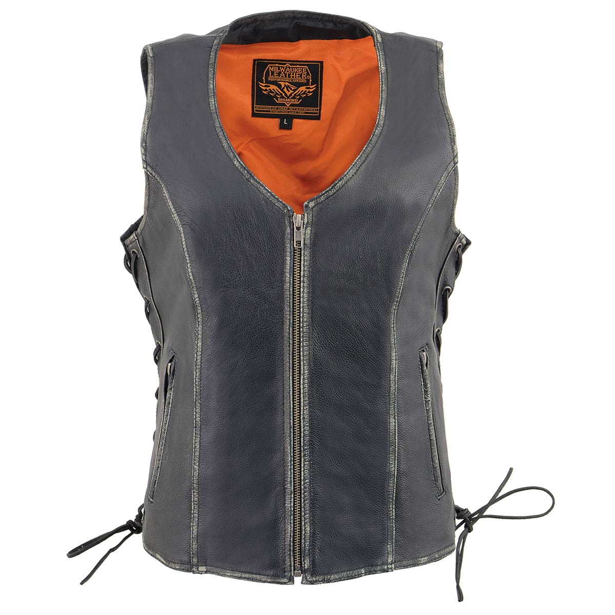 MLL4517 Women's Black Leather Vest with Front Zipper Closure