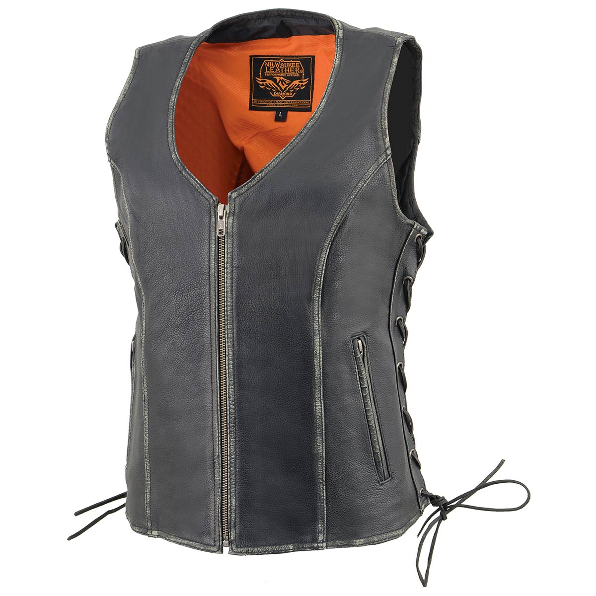 MLL4517 Women's Black Leather Vest with Front Zipper Closure