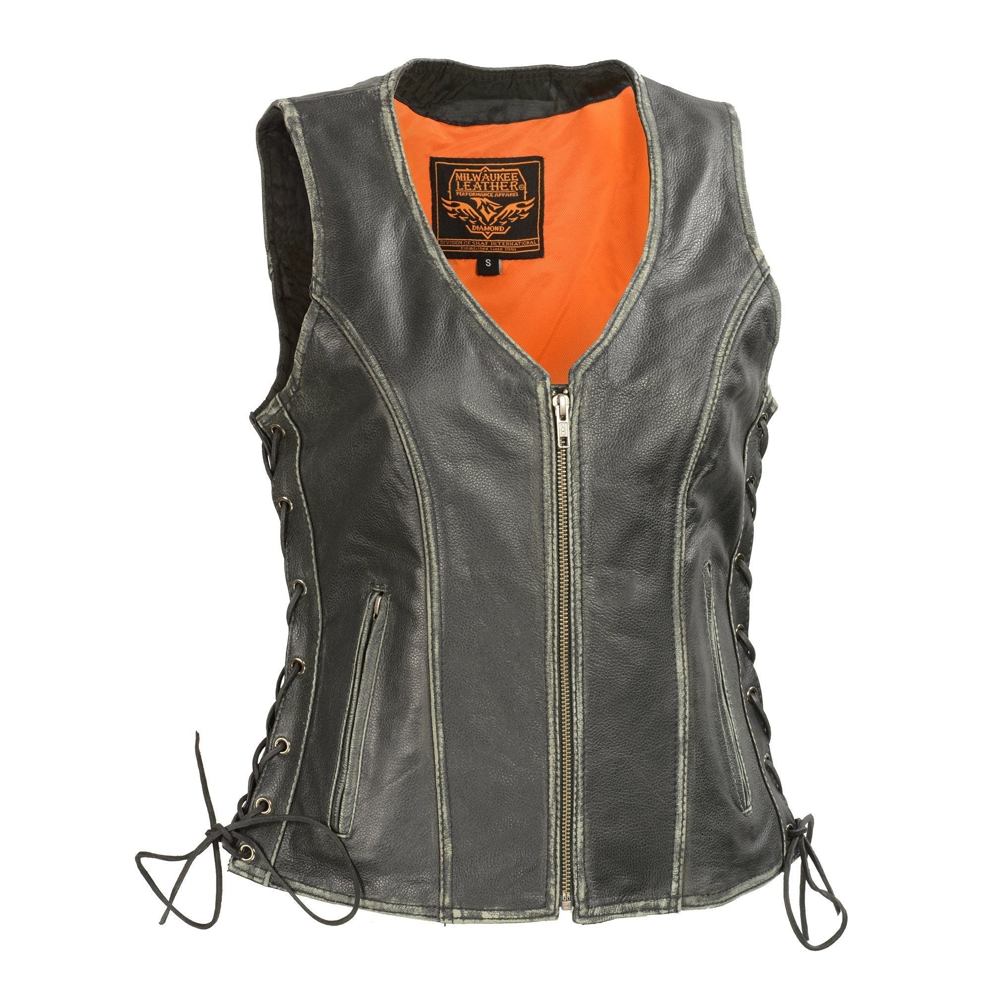 MLL4517 Women's Black Leather Vest with Front Zipper Closure