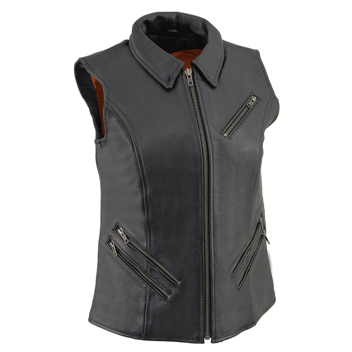 MLL4520 Women’s Black Shirt Collar Motorcycle Rider Vest w/ 4 Front Lower Pockets