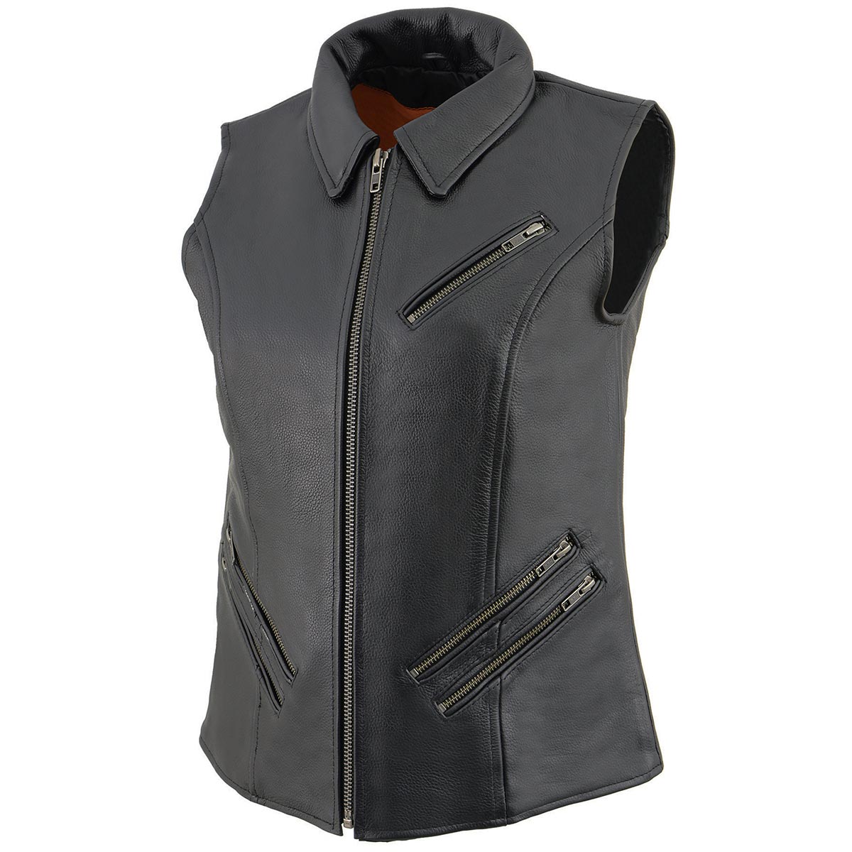 MLL4520 Women’s Black Shirt Collar Motorcycle Rider Vest w/ 4 Front Lower Pockets