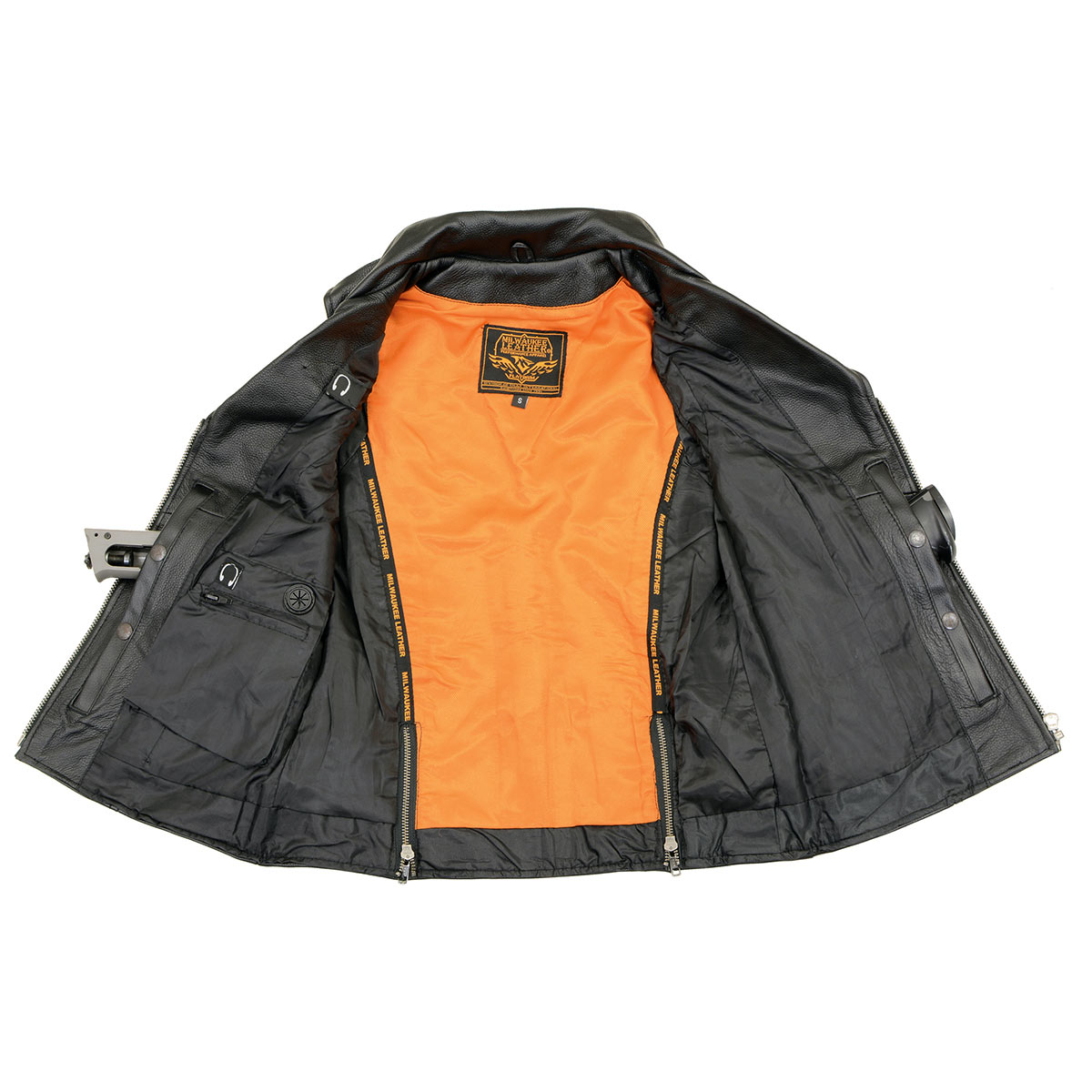 MLL4521 Ladies Black Long Leather Vest with MC Lapel Collar