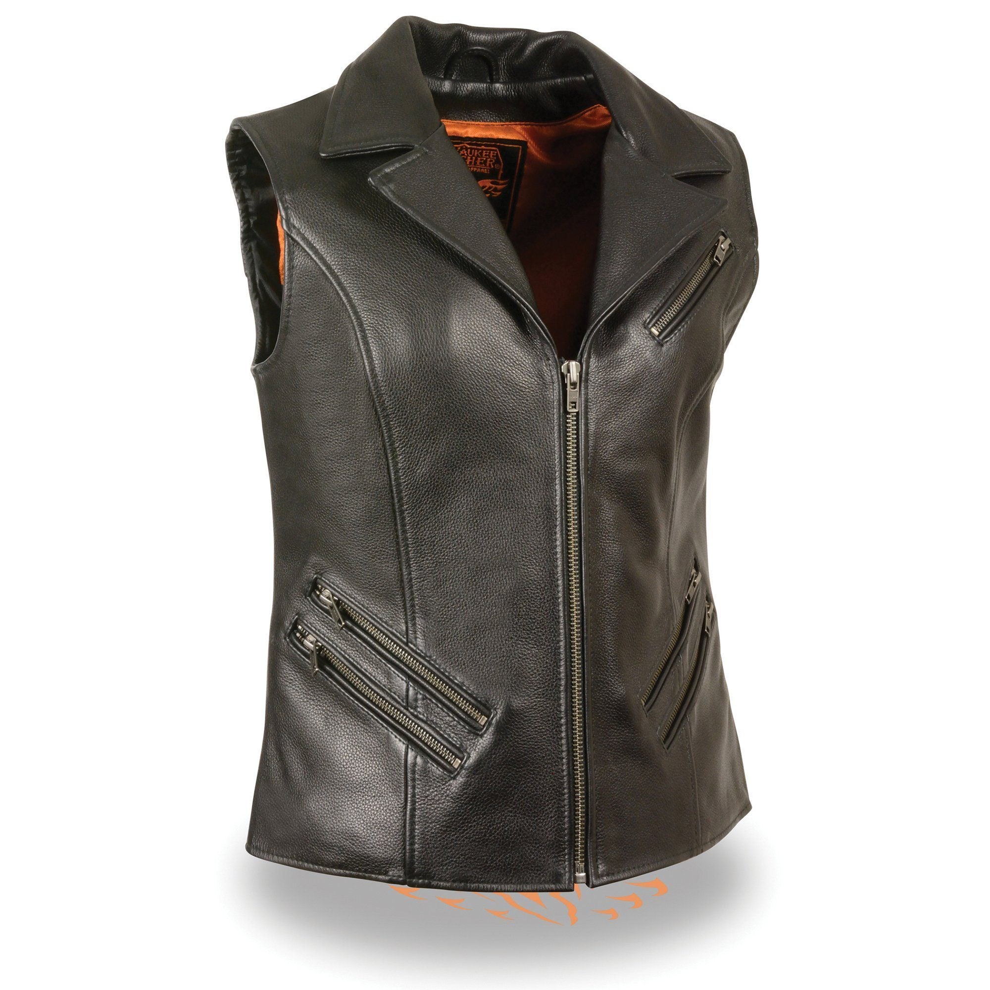 MLL4521 Ladies Black Long Leather Vest with MC Lapel Collar