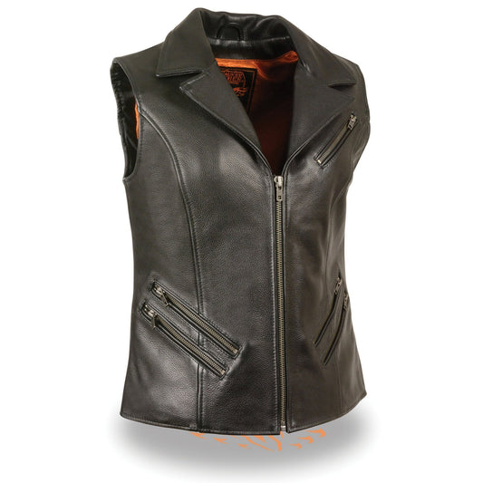 MLL4521 Ladies Black Long Leather Vest with MC Lapel Collar