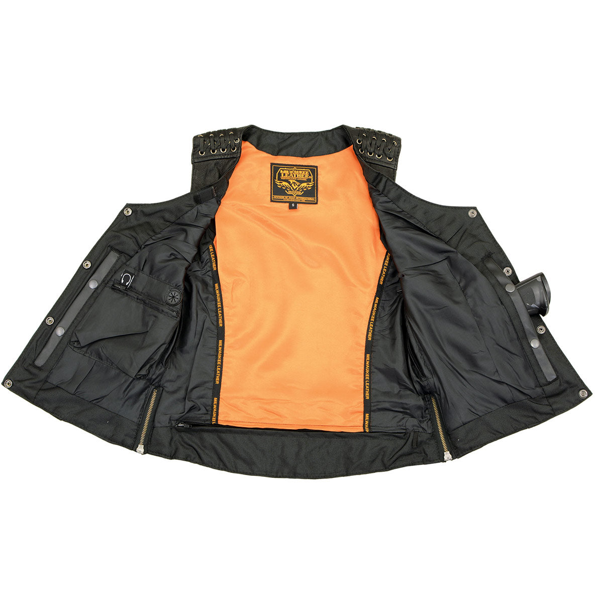 MLL4525 Women's Black Leather Lightweight Lace to Lace Lower Zip Expansion Motorcycle Rider Vest