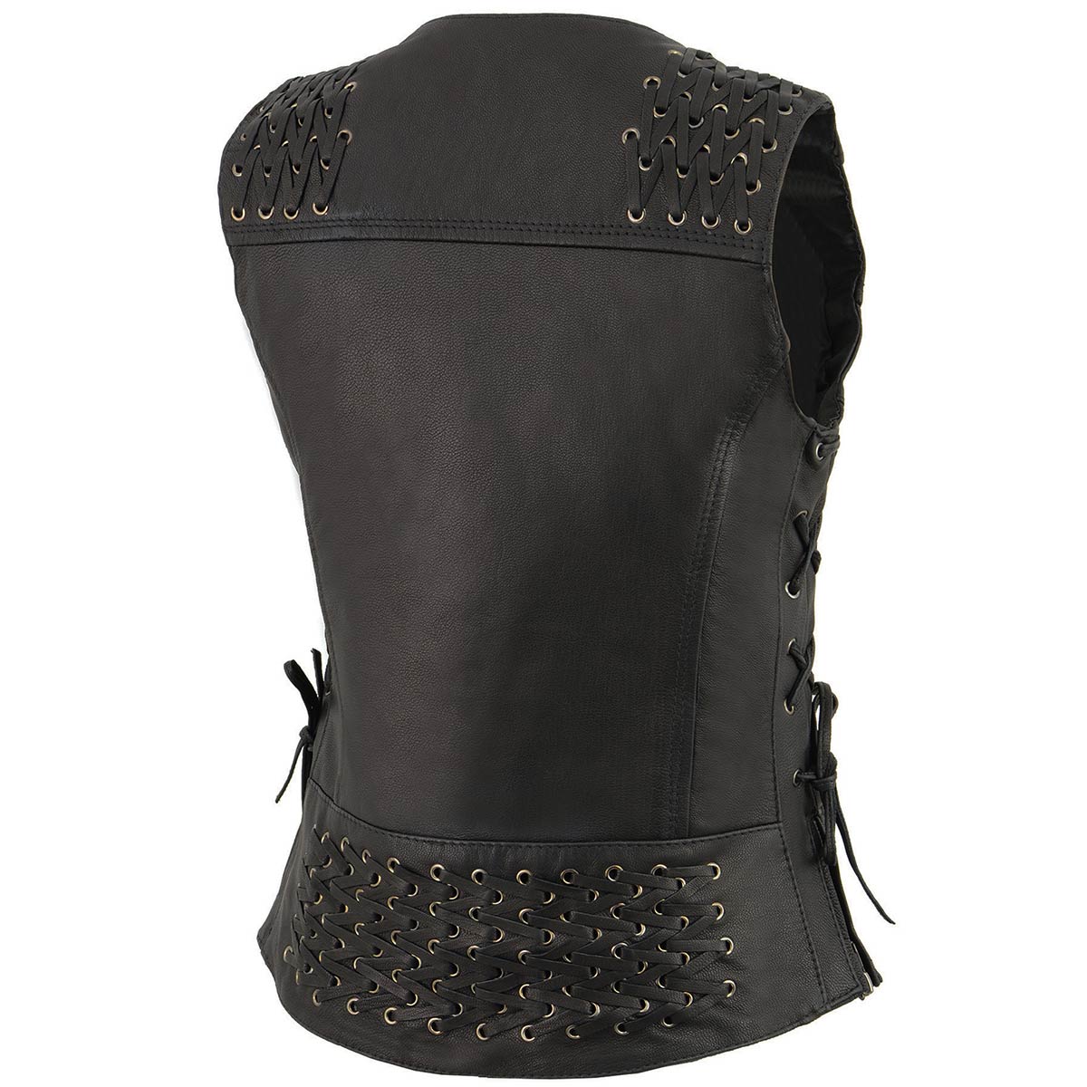 MLL4525 Women's Black Leather Lightweight Lace to Lace Lower Zip Expansion Motorcycle Rider Vest