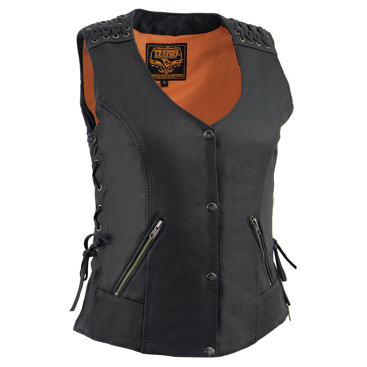MLL4525 Women's Black Leather Lightweight Lace to Lace Lower Zip Expansion Motorcycle Rider Vest