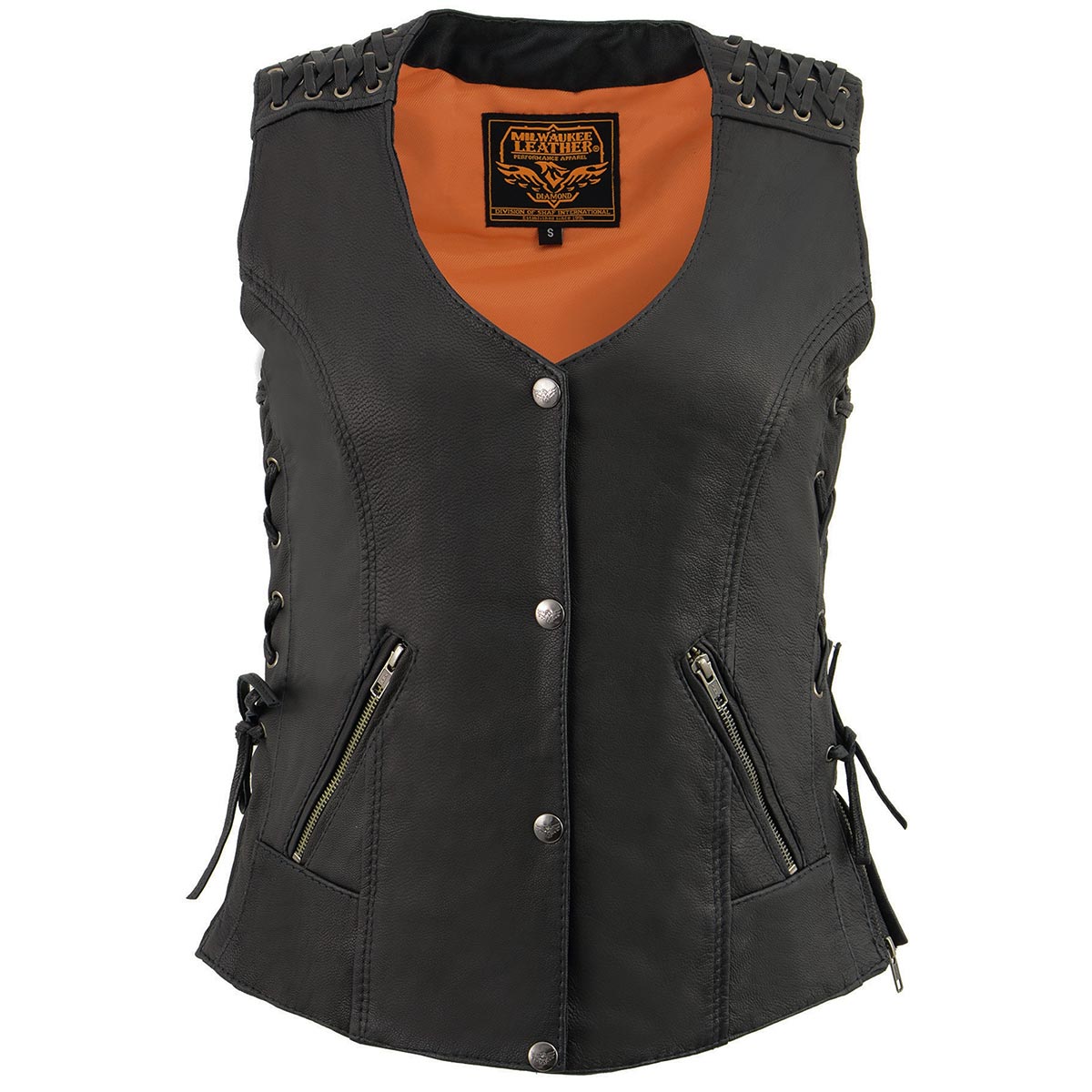 MLL4525 Women's Black Leather Lightweight Lace to Lace Lower Zip Expansion Motorcycle Rider Vest
