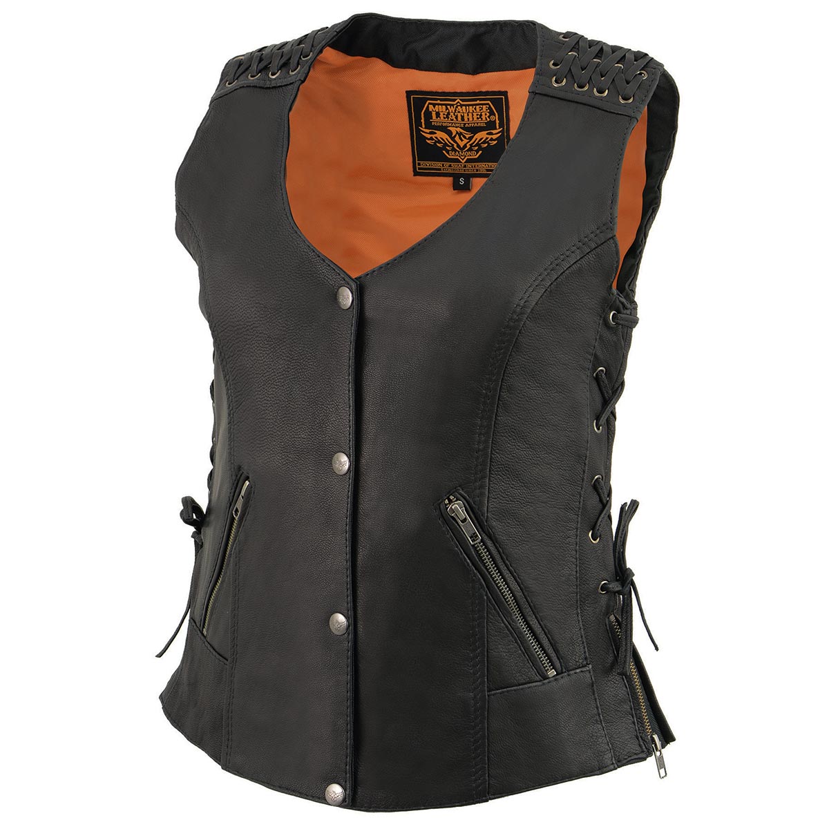 MLL4525 Women's Black Leather Lightweight Lace to Lace Lower Zip Expansion Motorcycle Rider Vest