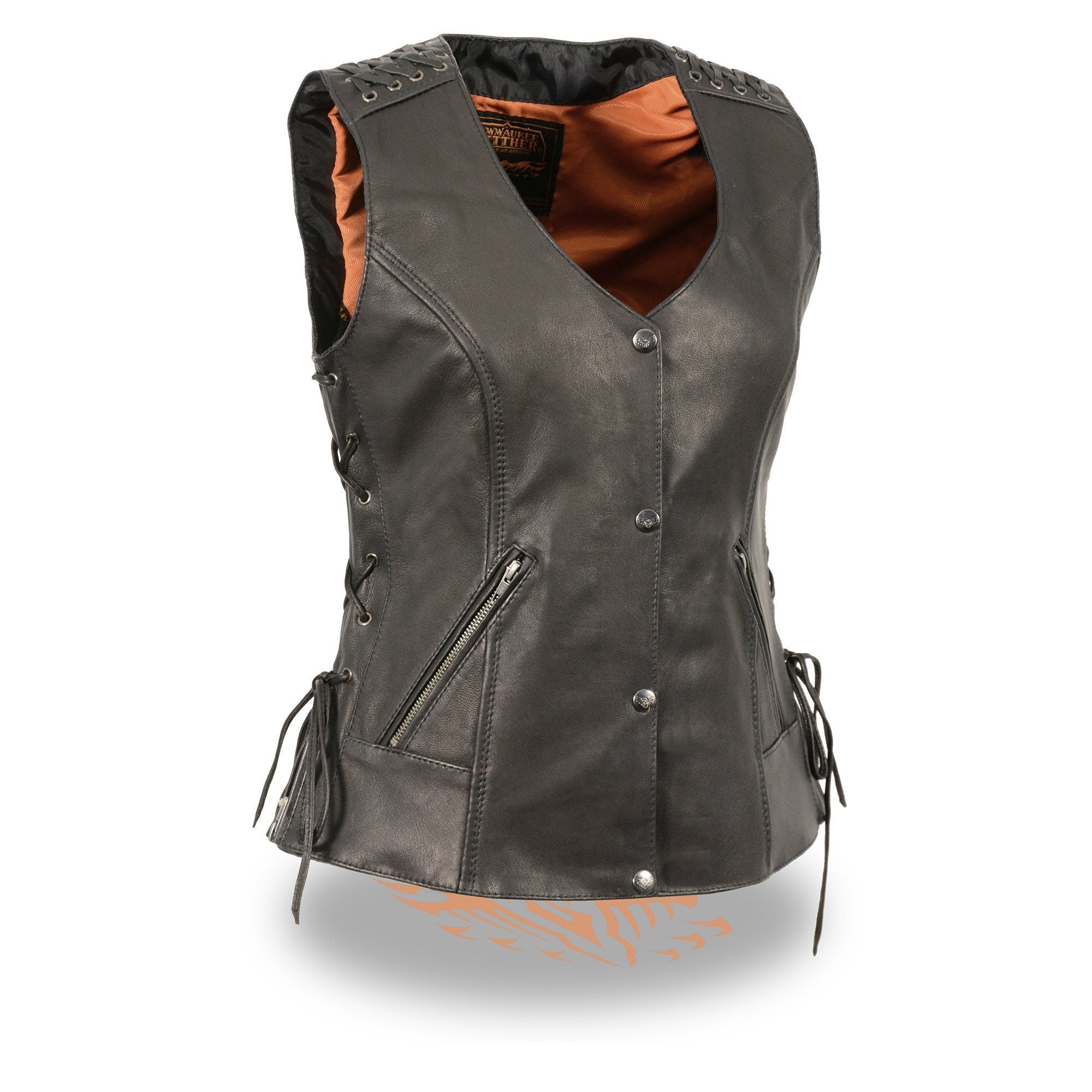 MLL4525 Women's Black Leather Lightweight Lace to Lace Lower Zip Expansion Motorcycle Rider Vest