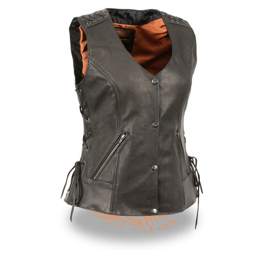 MLL4525 Women's Black Leather Lightweight Lace to Lace Lower Zip Expansion Motorcycle Rider Vest