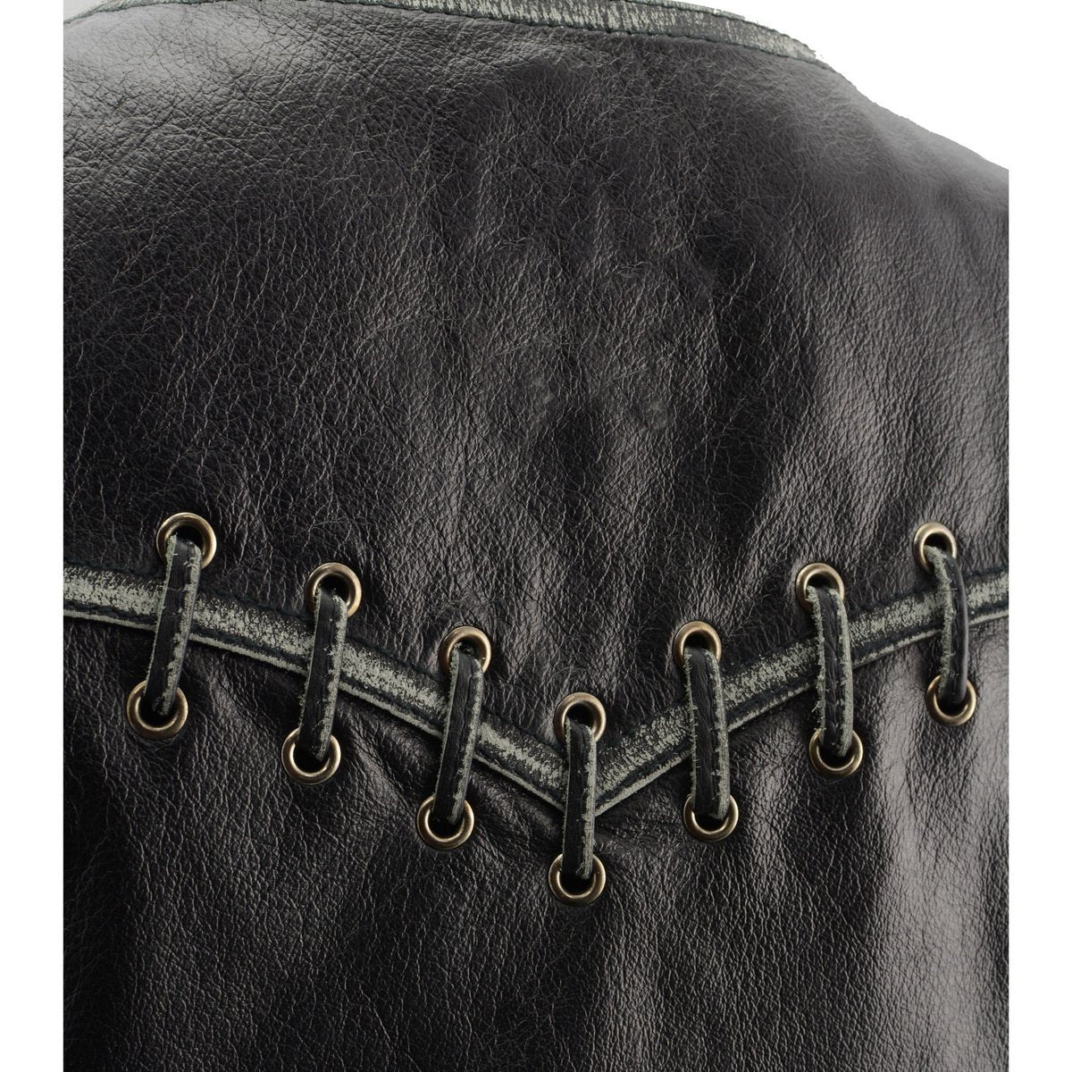 MLL4526 Women's Distress Grey Leather Motorcycle Rider Vest- Stretch Side Panel W/ Lacing Detail
