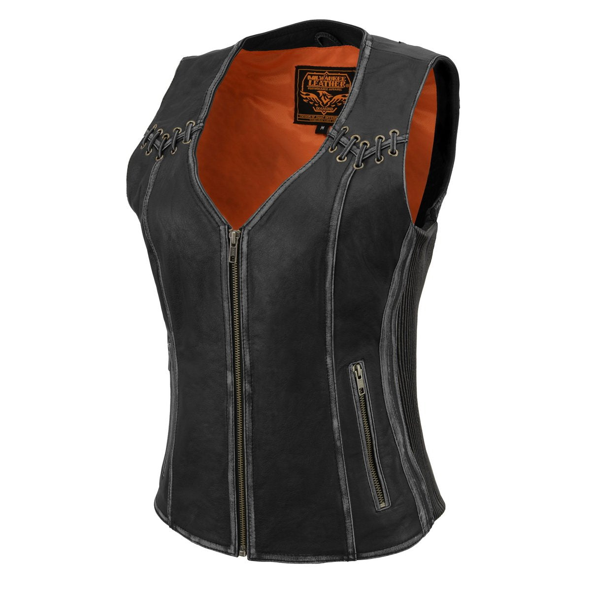MLL4526 Women's Distress Grey Leather Motorcycle Rider Vest- Stretch Side Panel W/ Lacing Detail