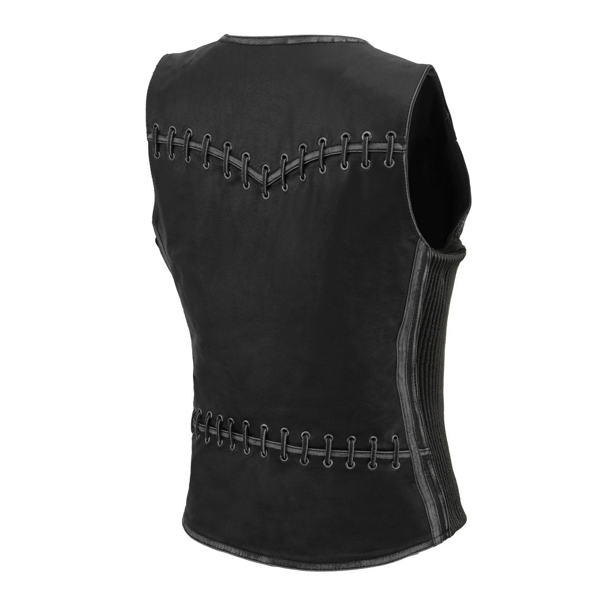 MLL4526 Women's Distress Grey Leather Motorcycle Rider Vest- Stretch Side Panel W/ Lacing Detail