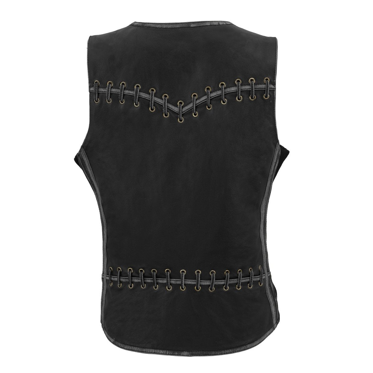 MLL4526 Women's Distress Grey Leather Motorcycle Rider Vest- Stretch Side Panel W/ Lacing Detail