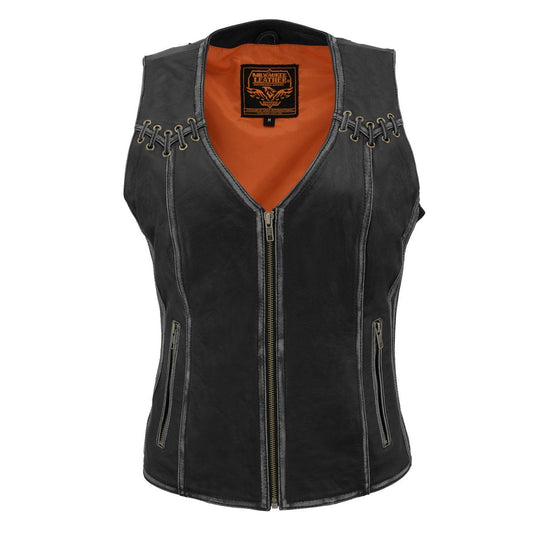 MLL4526 Women's Distress Grey Leather Motorcycle Rider Vest- Stretch Side Panel W/ Lacing Detail