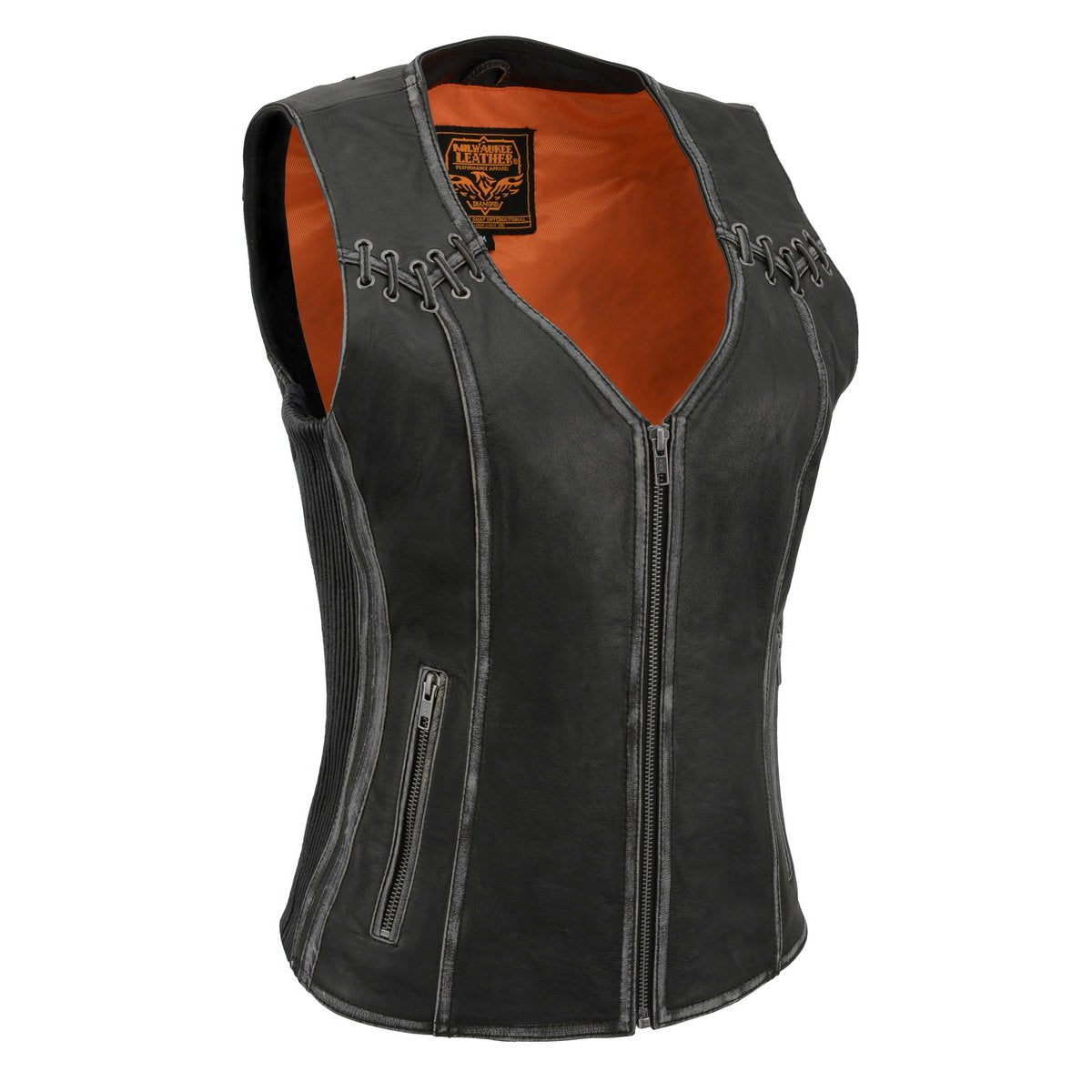 MLL4526 Women's Distress Grey Leather Motorcycle Rider Vest- Stretch Side Panel W/ Lacing Detail