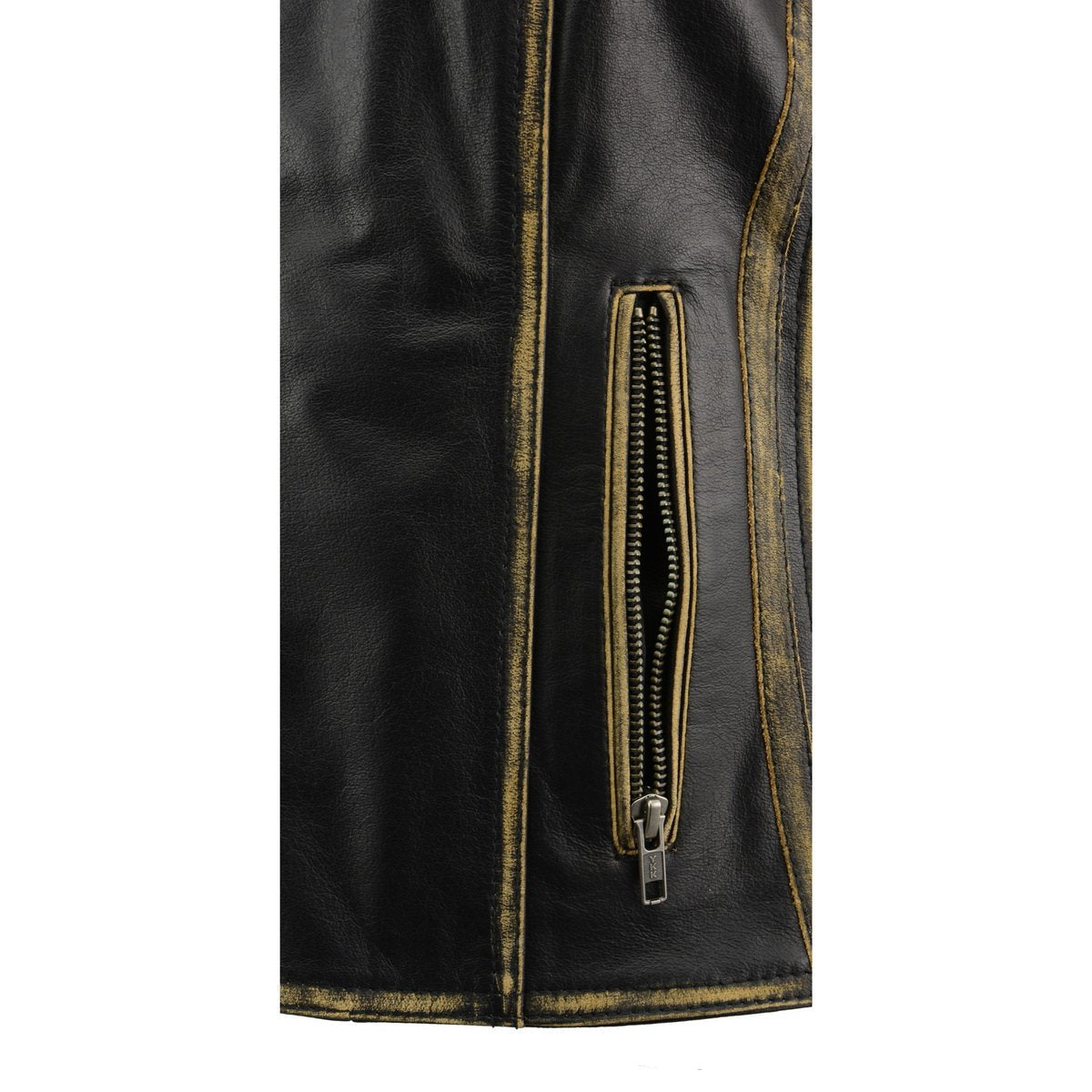 MLL4527 Women's Stretch Side Panel Distress Brown Leather Motorcycle Rider Vest w/ Lacing Detail